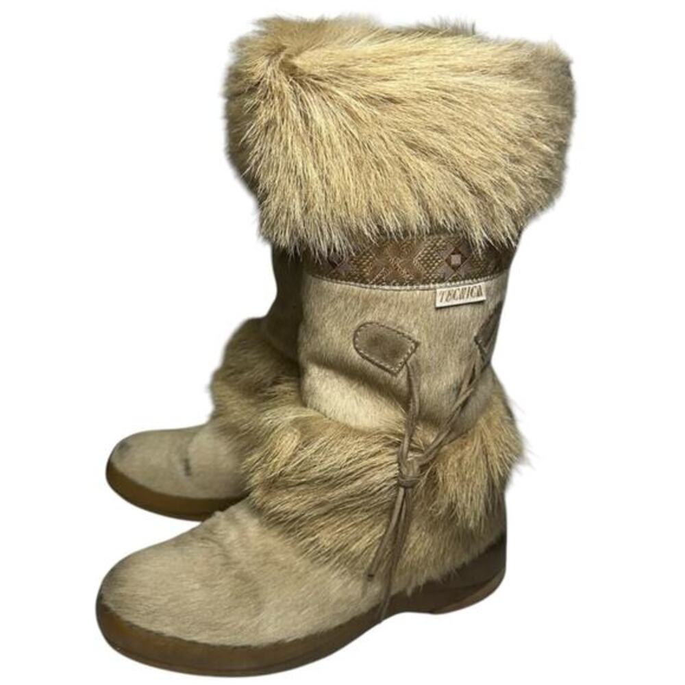 Tecnica Vintage 1973 Sz 7.5 Tan Skandia Pony Hair Fur Trim Mid Calf Winter Boots